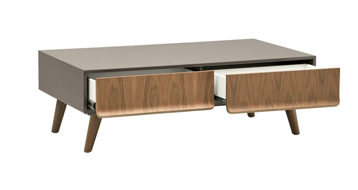 Amazon Brand – Rivet Mid-Century Lacquer Two-Drawer Coffee Table, Grey and Walnut