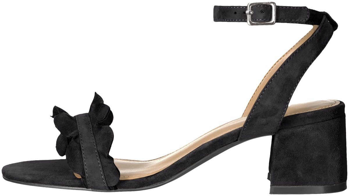 Amazon Brand - The Fix Women's Lizzie Block Heel Ruffled Sandal Heeled, Black Suede, 9.5 B US