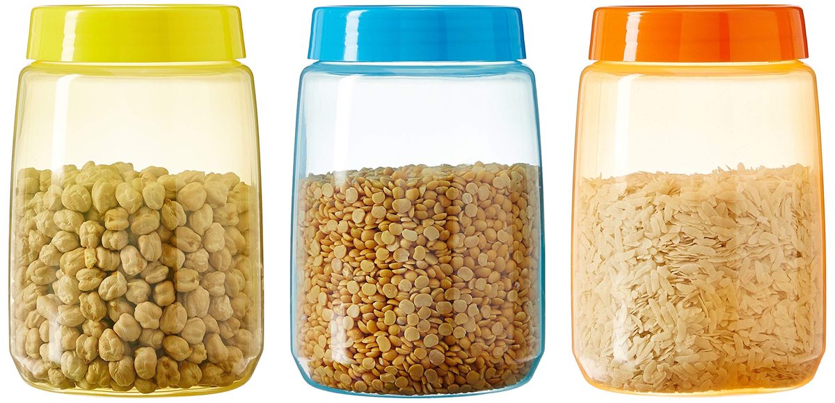 (Renewed) Amazon Brand - Solimo Plastic Storage Bottle Set, 1 Litre, Set of 3, Multicolour