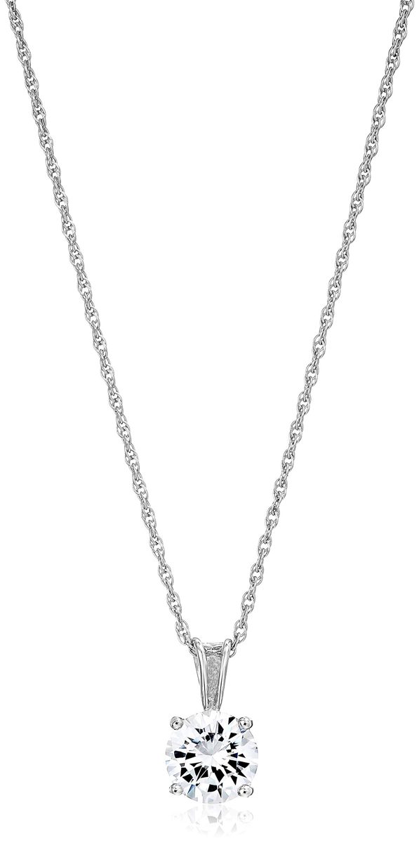 Amazon Essentials Platinum Plated Sterling Silver Cubic Zirconia Round Cut Solitaire Pendant Necklace (8mm), 18"