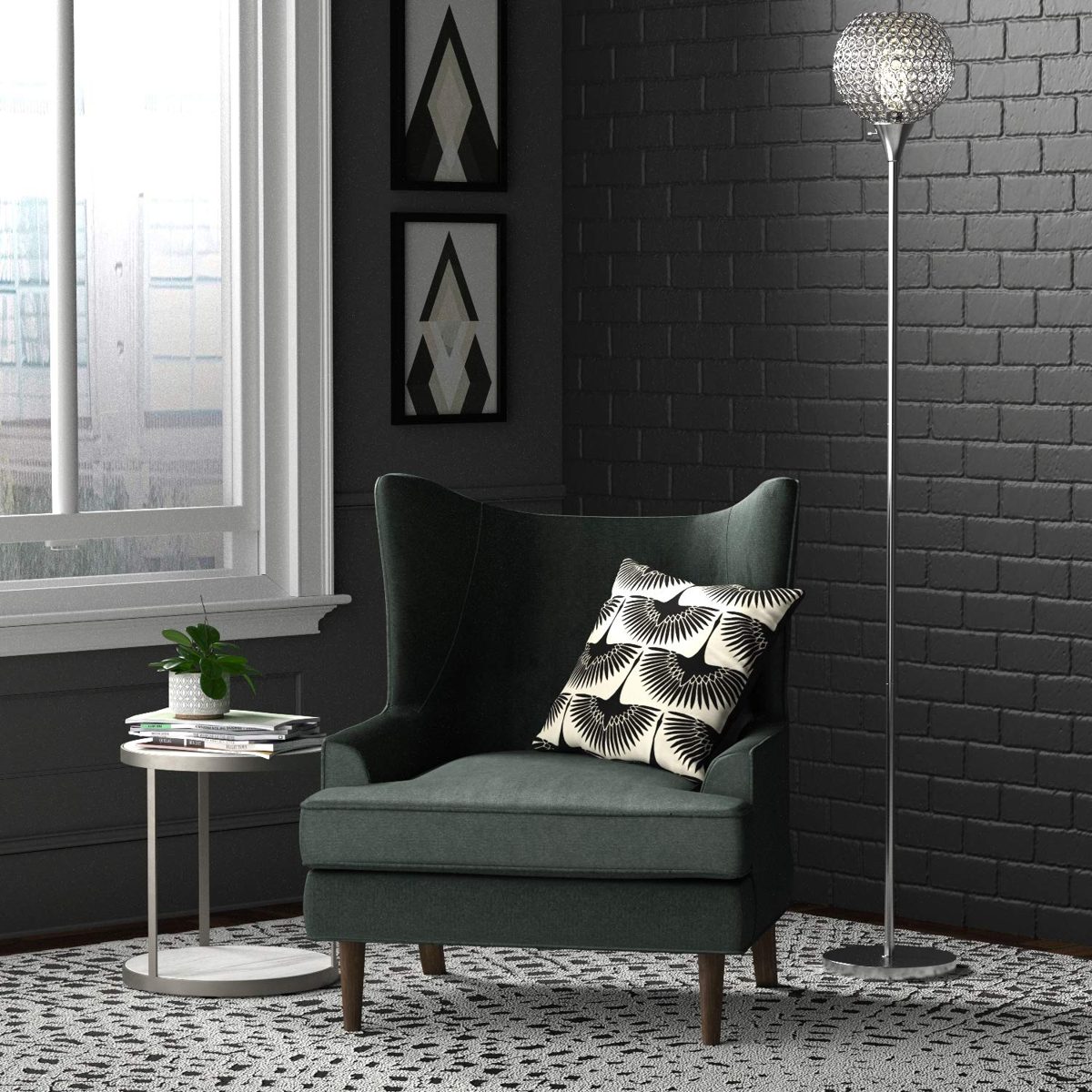Amazon Brand – Rivet Modern Glam Glass Beads Torchiere Living Room Standing Floor Lamp With LED Light Bulb - 10 x 10 x 71 Inches, Chrome