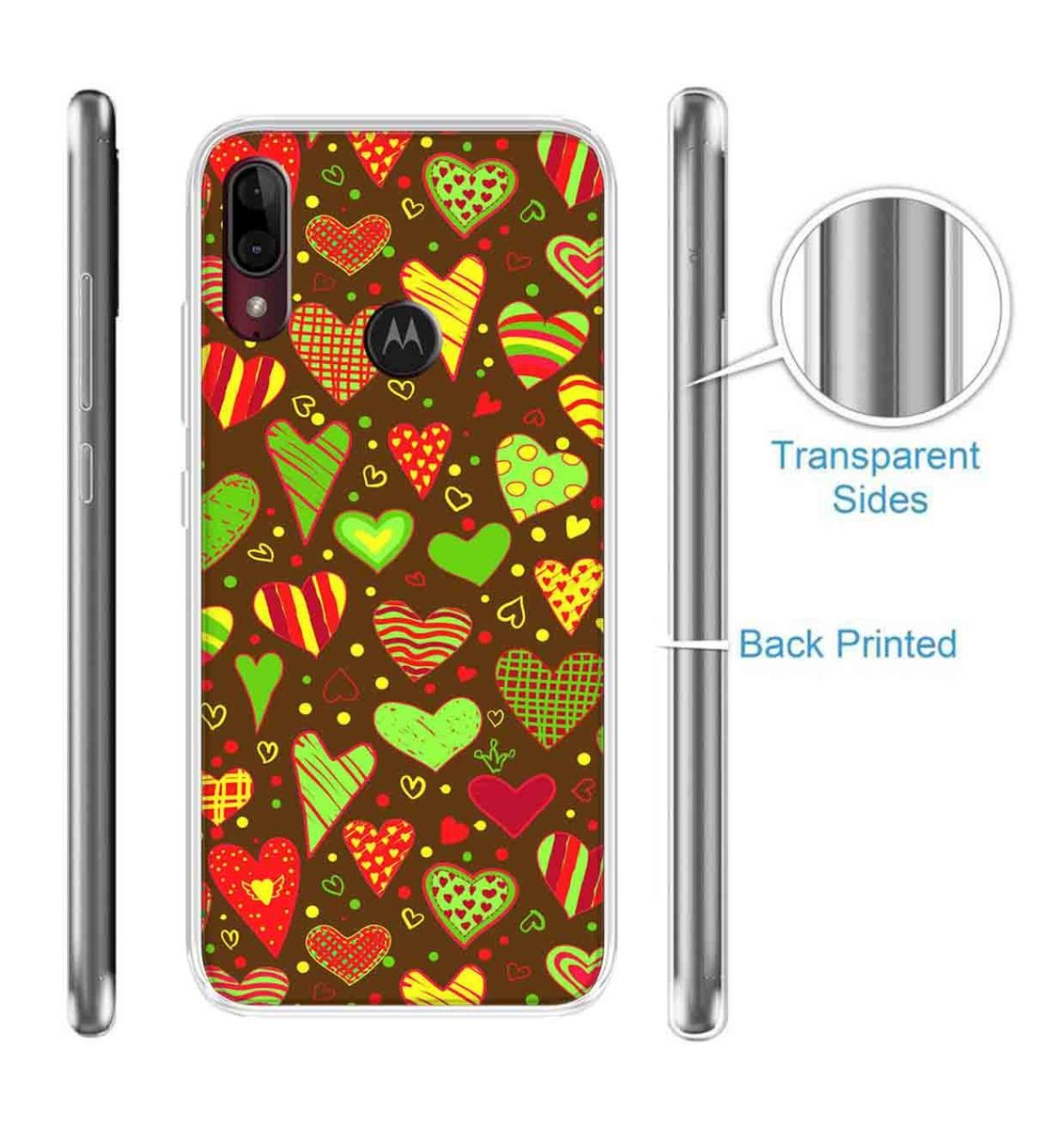 Amazon Brand - Solimo Designer Multicolor Heart Clip Art Brown Pattern Design Printed Soft Back Case Mobile Cover for Motorola Moto E6s / Motorola Moto E6 Plus