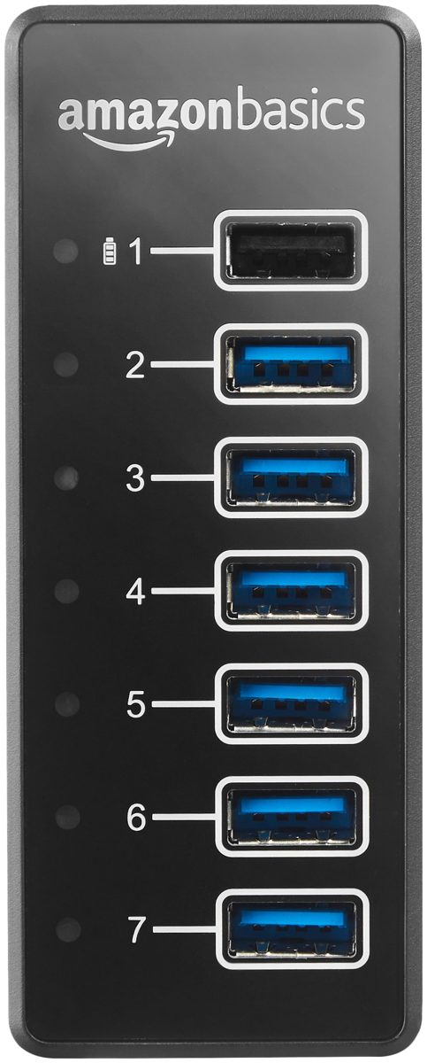 AmazonBasics USB-A 3.1 7-Port Hub with Power Adapter - 36W (12V/3A), Black, EU