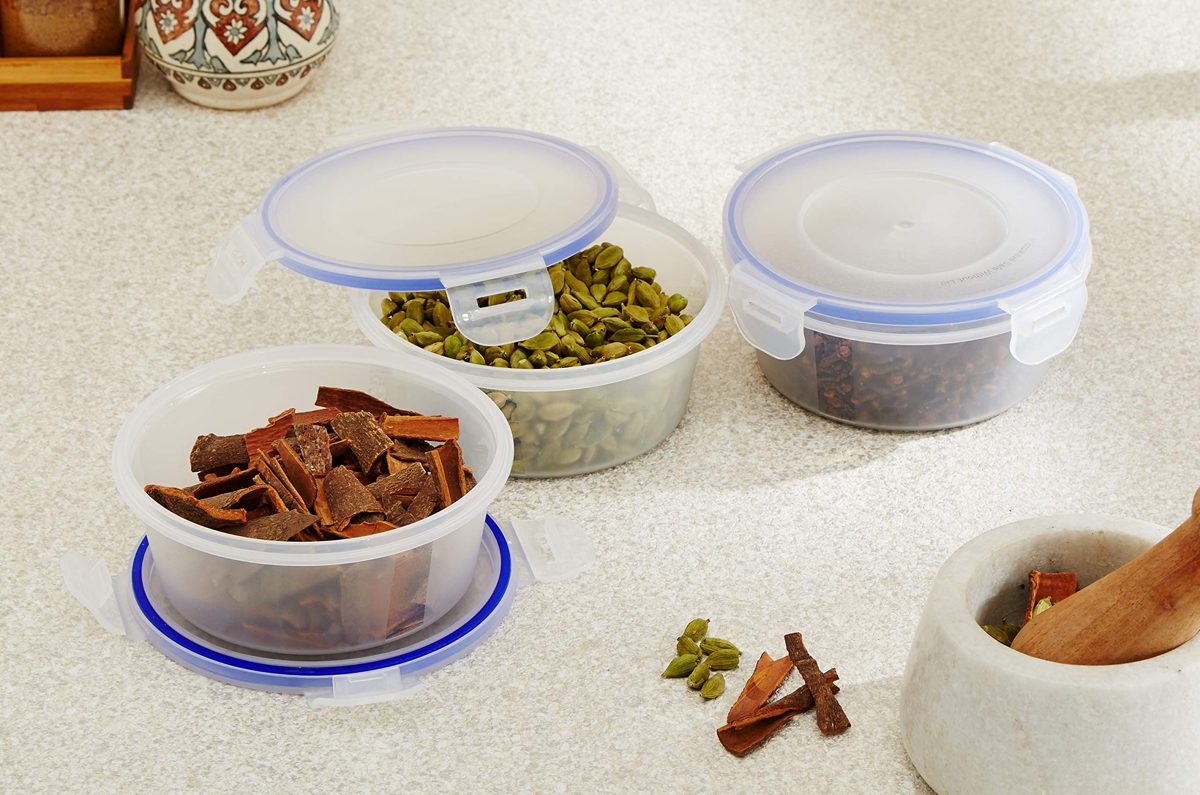 Amazon Brand - Solimo 3-Piece Airtight Plastic Kitchen Storage Container Set, 500ml, Blue