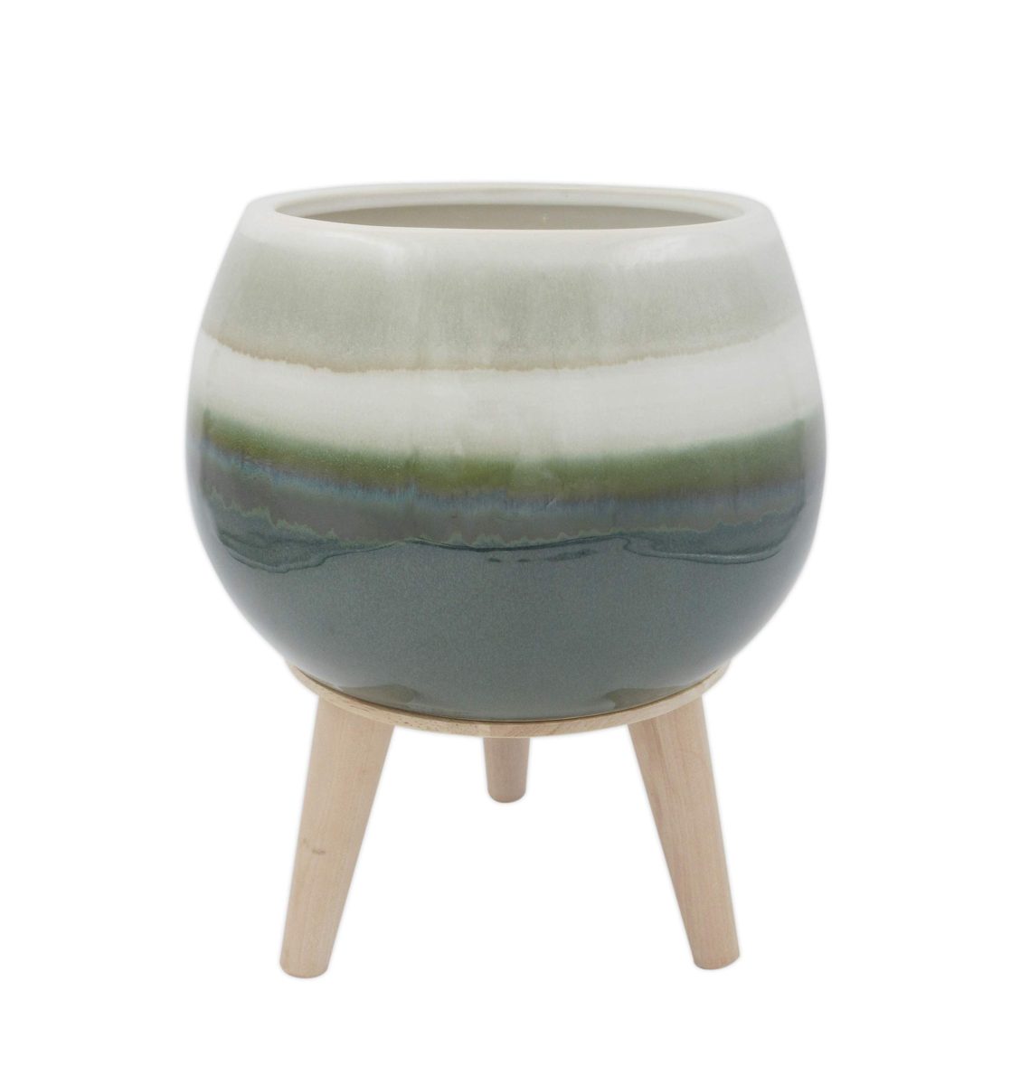 Amazon Brand – Rivet Mid-Century Stoneware Planter with Wood Stand, 11.02"H, Green Ombre