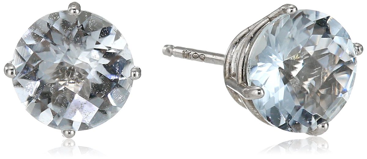10k White Gold Round Checkerboard Cut Aquamarine Stud Earrings (6mm)