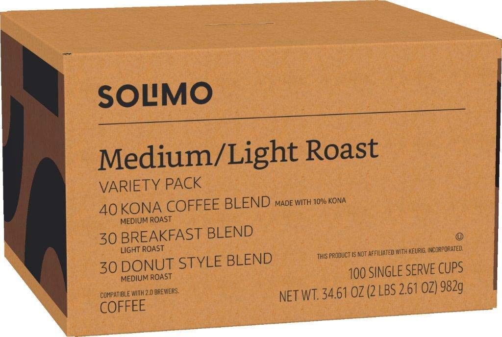 Amazon Brand – 100 Ct. Solimo Variety Pack Light and Medium Roast Coffee Pods (Kona, Breakfast, Donut), Compatible with Keurig 2.0 K-Cup Brewers