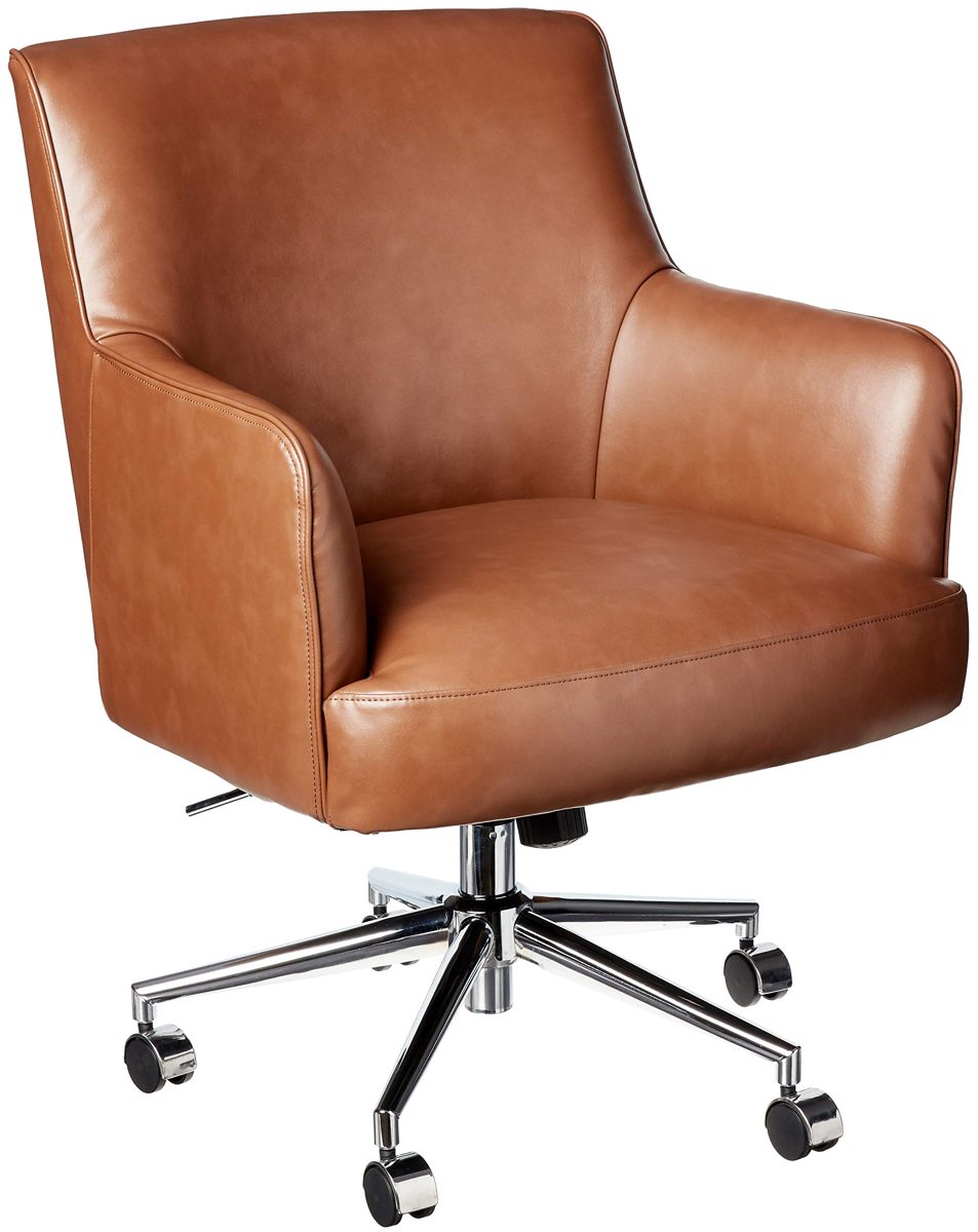 Amazon Brand – Rivet Mid-Century Bonded Leather Swivel Office Chair with Chrome Metal Base, 22.8"W, Saddle Brown