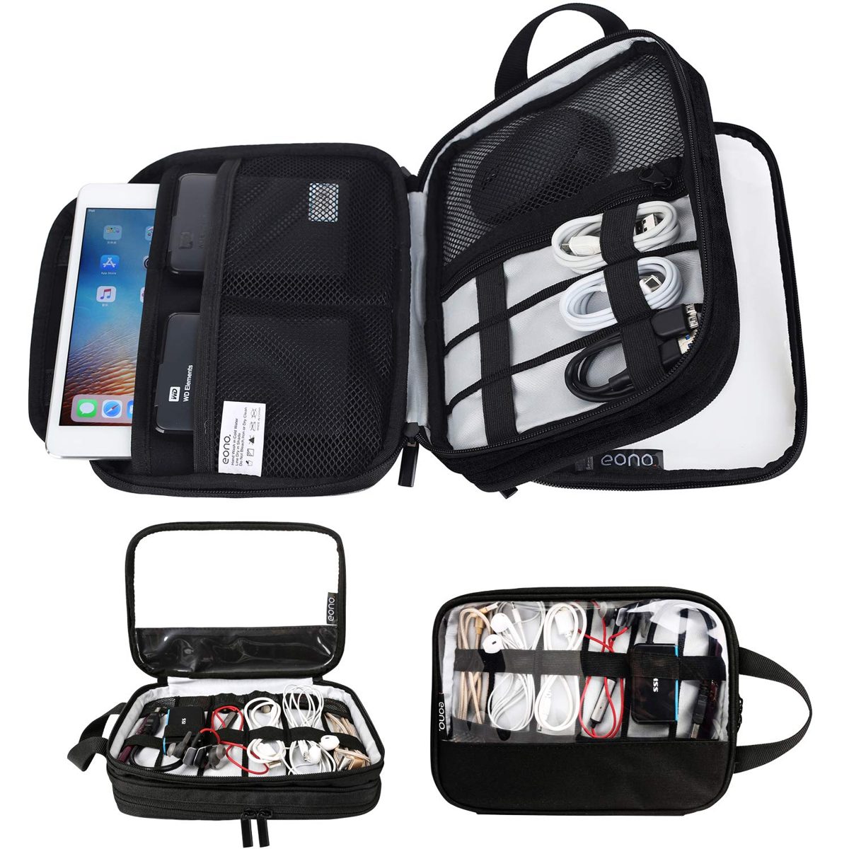 Eono by Amazon - Electronic Organizer, Double Layer Travel Gadget Bag For USB Cable, SD Card, Hard Drive, Power Bank, iPad Mini/Nintendo Swith Console/E-book or Tablet (up to 7.9'') Black