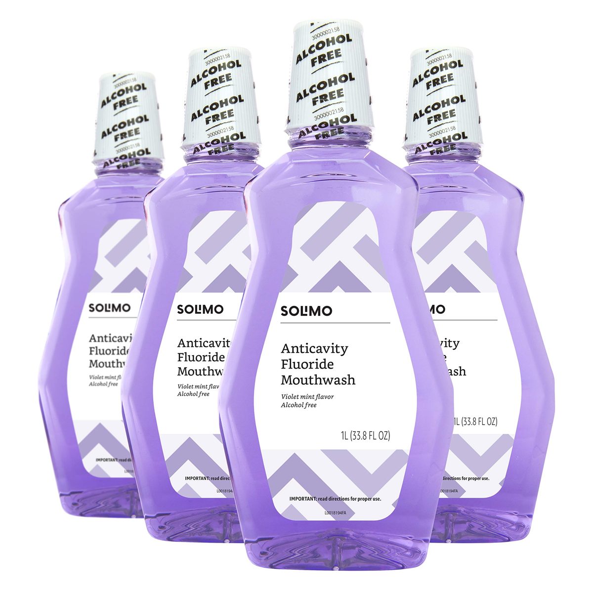 Amazon Brand - Solimo Anticavity Fluoride Mouthwash, Violet Mint, Alcohol Free, 1 Liters (Pack of 4)