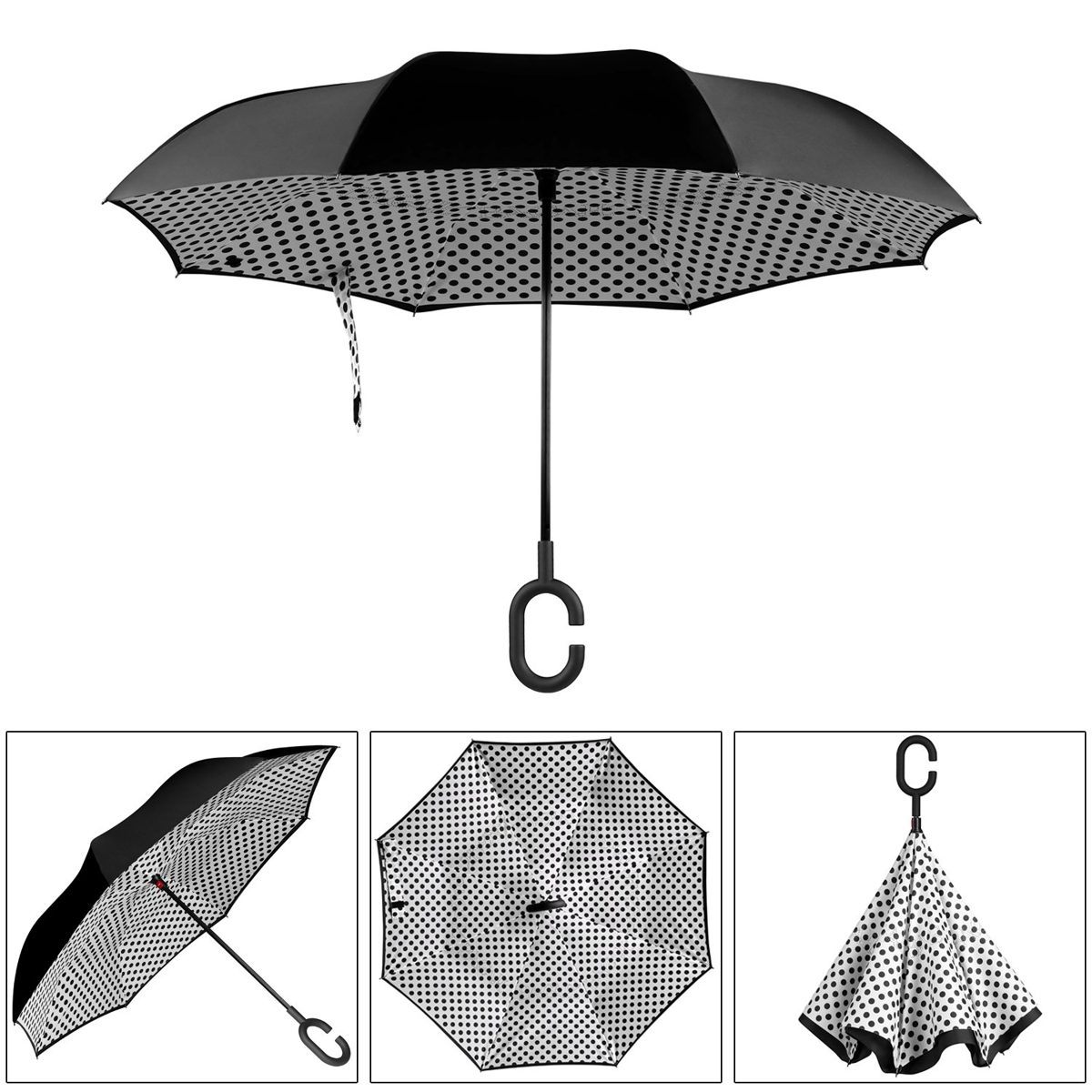 [Amazon Brand] Eono Double Layer Inverted Umbrella, Reverse Folding Umbrella, Self Standing Windproof UV Protection, Travel Umbrella, Car Rain and Outdoor, C-Shape Handles, White Dots