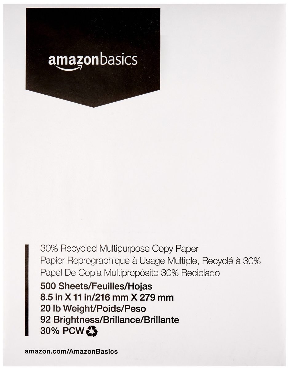 AmazonBasics 30% Recycled Multipurpose Copy Paper - 92 Bright, 20 lbs, 8.5 x 11 Inches, 10 Ream case (5,000 Sheets)