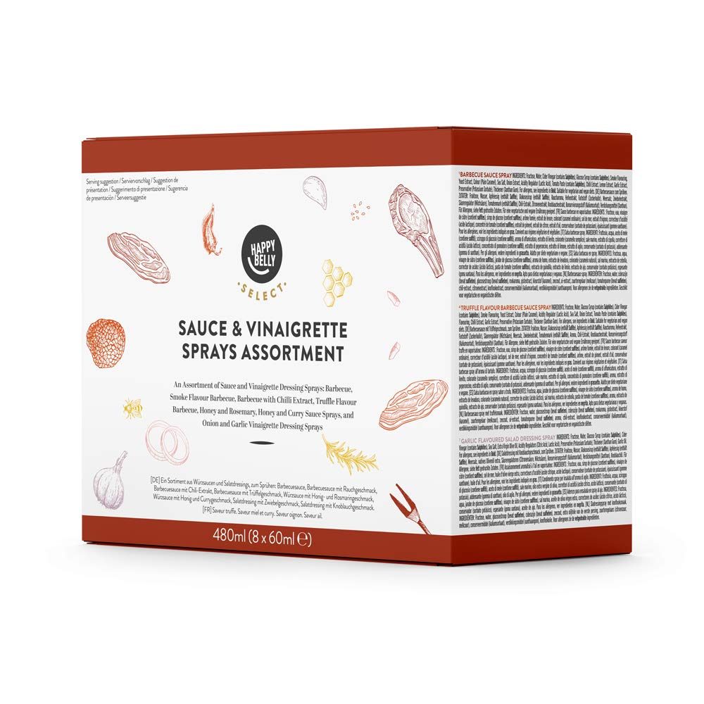 Amazon Brand- Happy Belly Select- Sauces & Vinaigrettes (Set of 8) ( Classic, Smoked, Spicy, Tartufata, Honey & Rosemary, Honey & Curry, Garlic, Onion)
