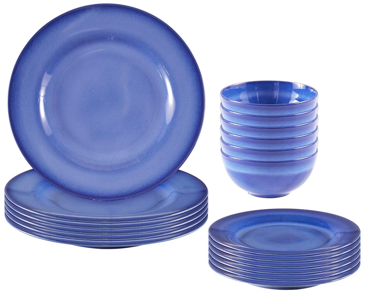 Rivet Corwin Modern Reactive-Glaze Stoneware 18-Piece Dinnerware Set, Service for 6, Atacama Blue