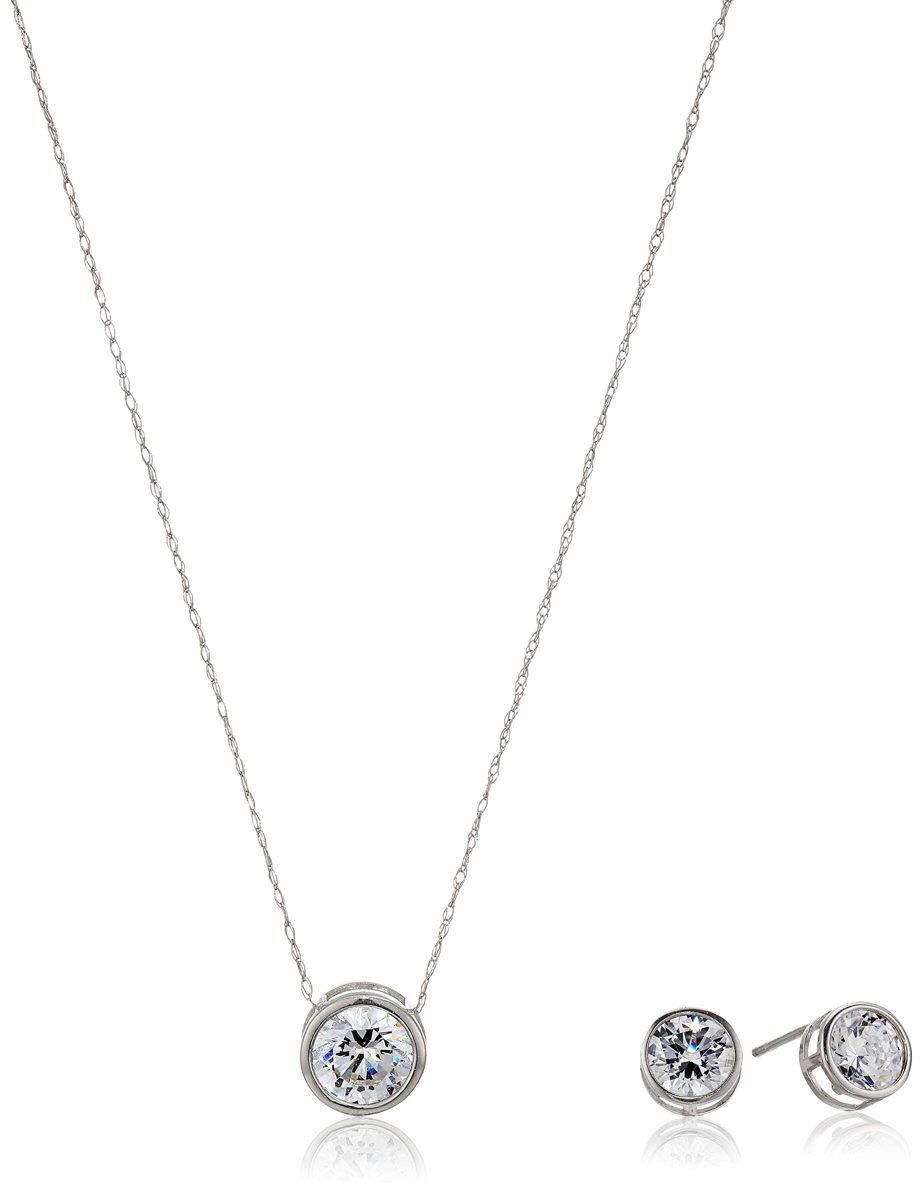Women's 10k White Gold Swarovski Bezel Stud Earrings and Necklace Set, One Size