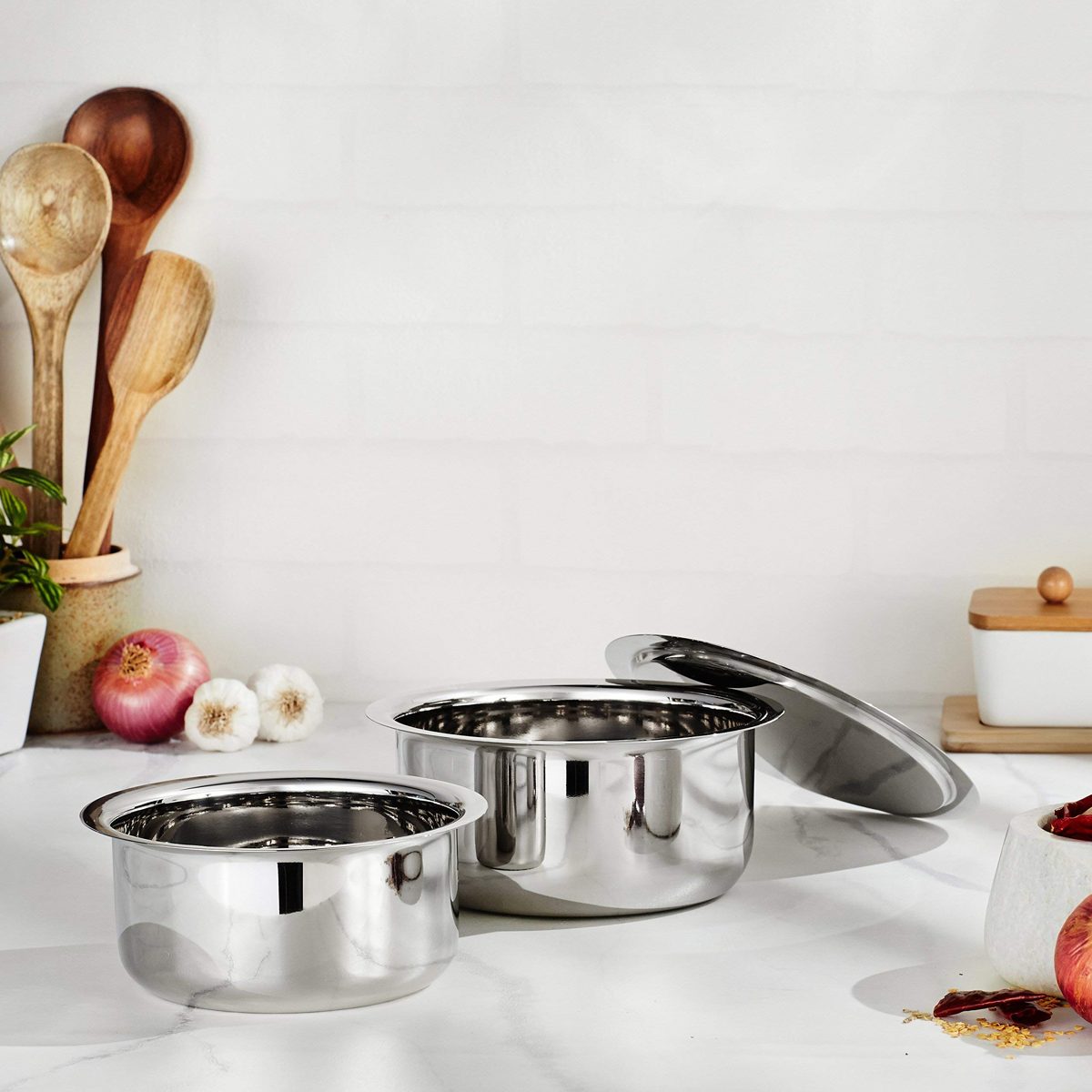 Solimo Stainless Steel 2-Piece Tope Set with One Steel Lid