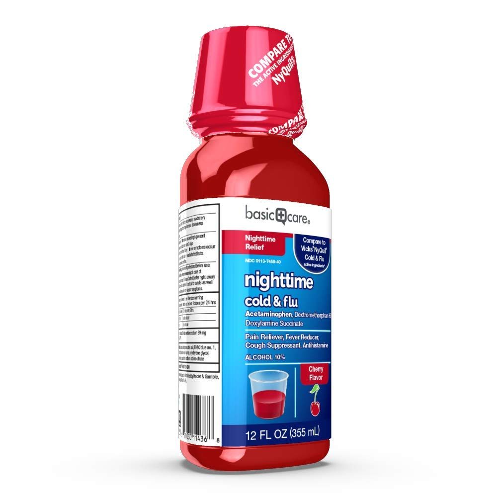 Basic Care Nighttime Cold & Flu Relief, Pain Reliever, Fever Reducer, Cough Suppressant, Antihistamine, Cherry Flavor, 12 Fluid Ounces