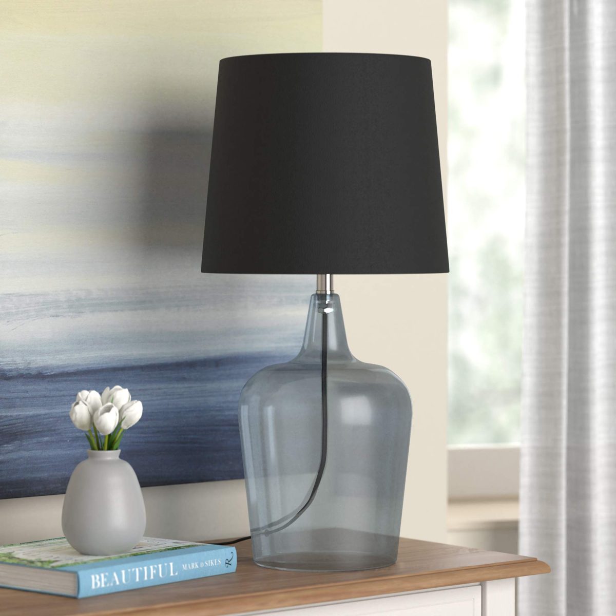 Amazon Brand - Ravenna Home Single-Light Modern Table Lamp with Smoked Glass Base and Black Shade, LED Bulb Included, 24"H