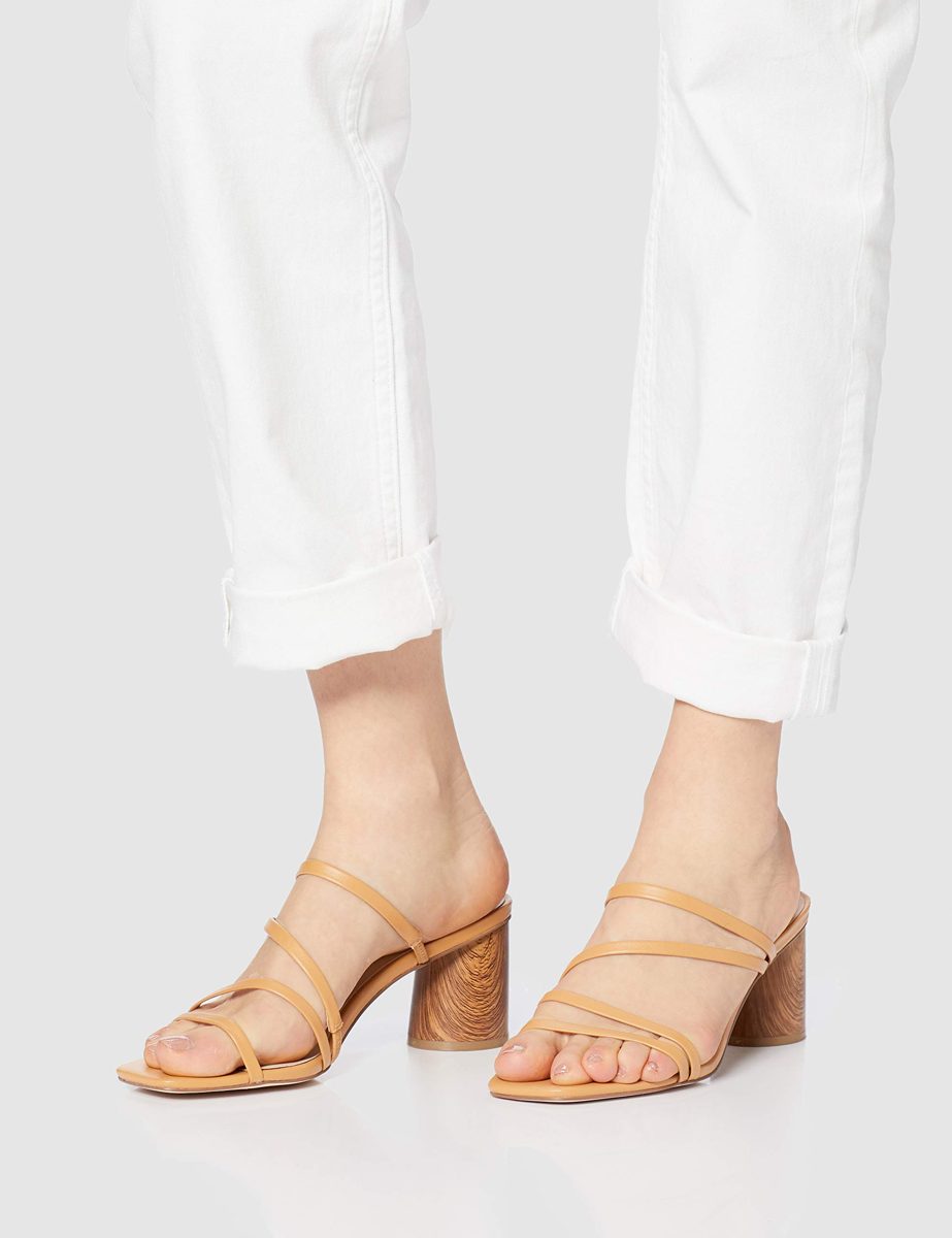 find. Block Heel Assymetric Strippy Sandal Ankle Strap, Brown (Camel), 5 UK