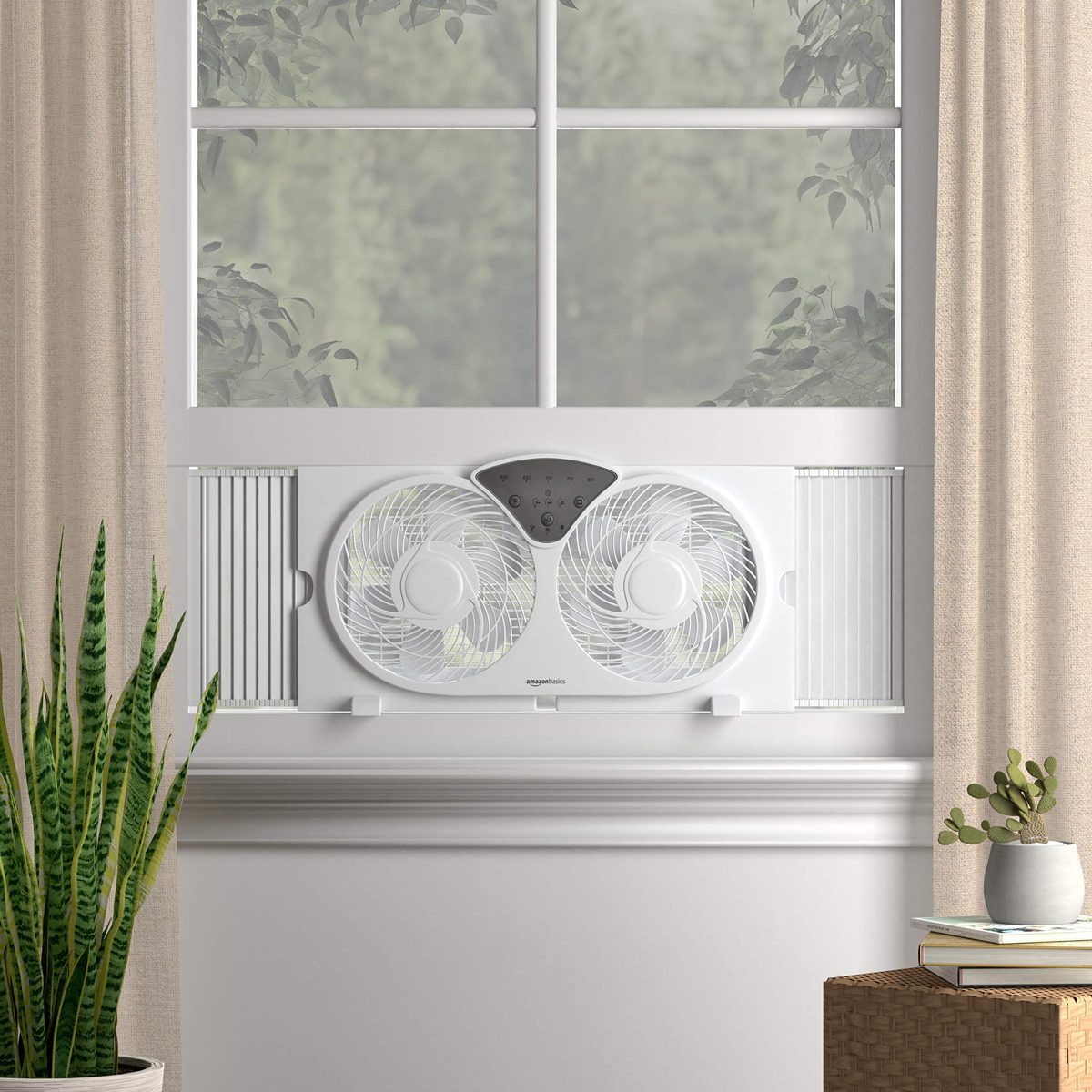 AmazonBasics Digital Window Fan with Twin 9-Inch Reversible Airflow Blades and Remote Control