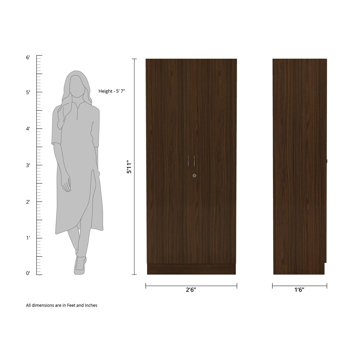 Amazon Brand - Solimo Pyxis Engineered Wood 2-Door Wardrobe (Walnut Finish)