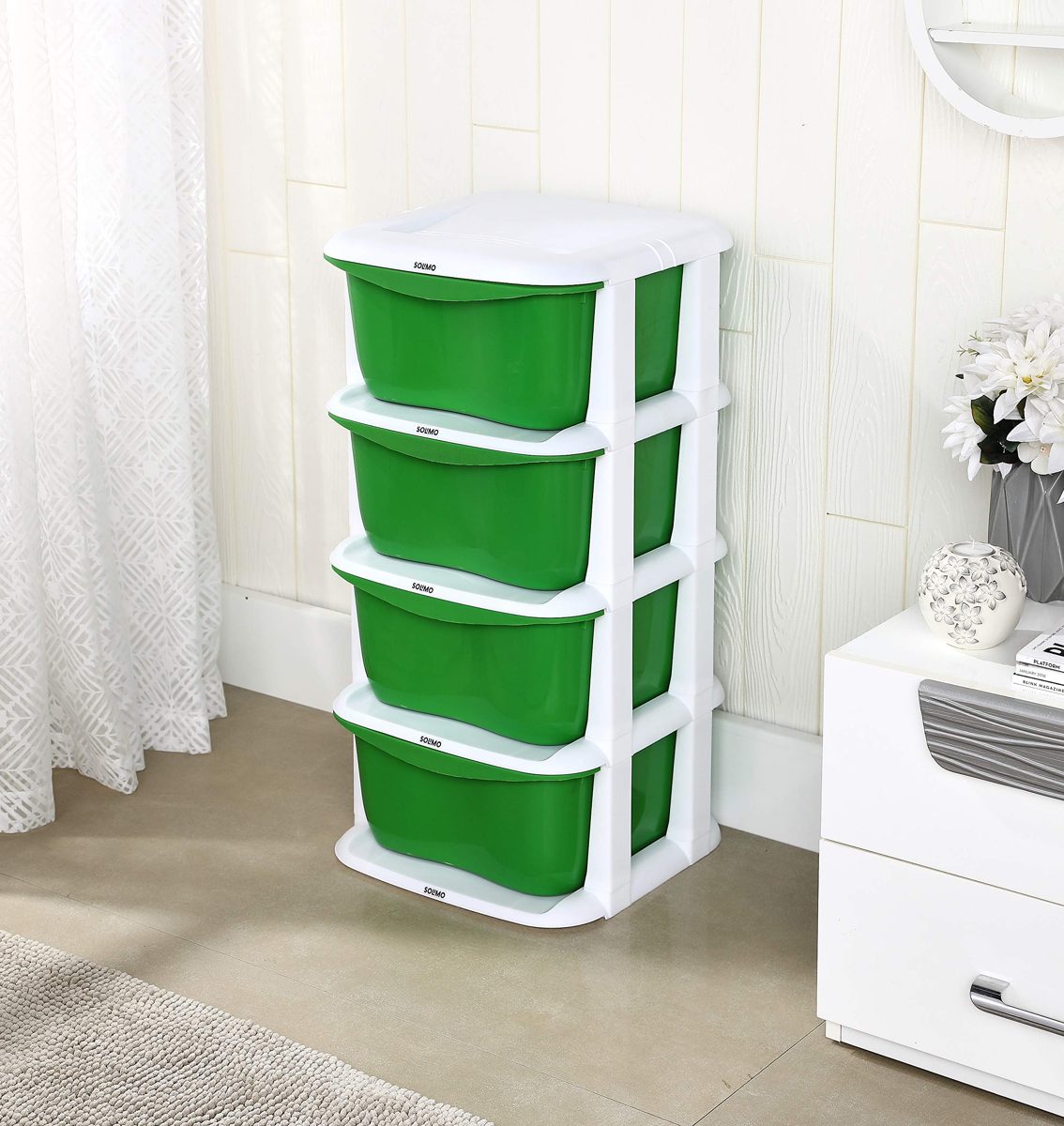 Amazon Brand - Solimo Plastic Multipurpose Modular Drawer, 4 Racks, Green