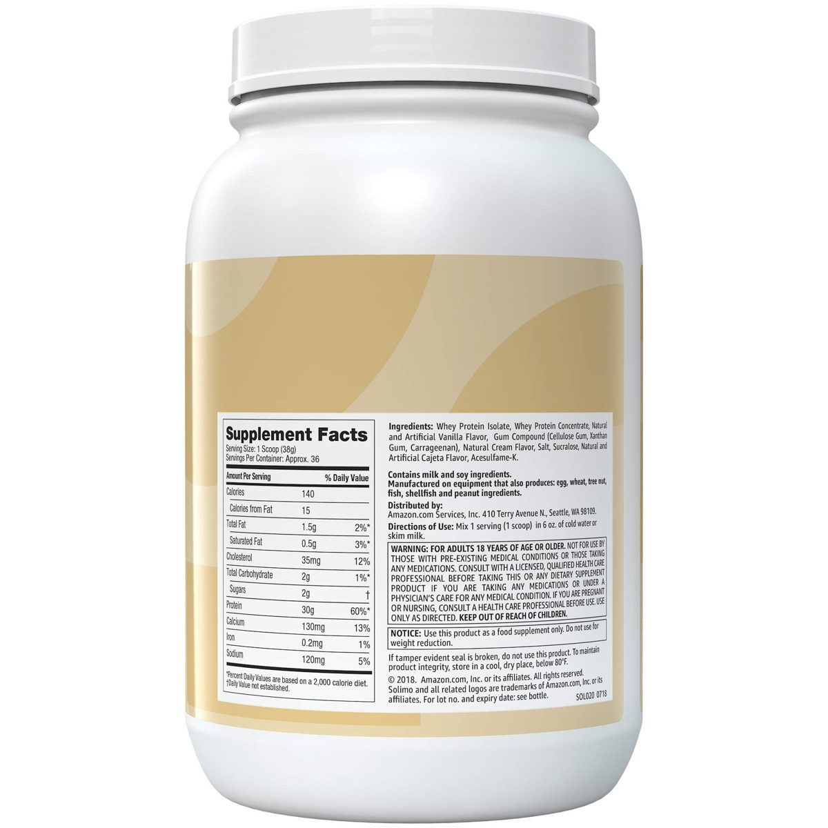 Amazon Brand - Solimo Whey Protein Isolate Blend, Vanilla, 3 Pound Value Size (35 Servings)