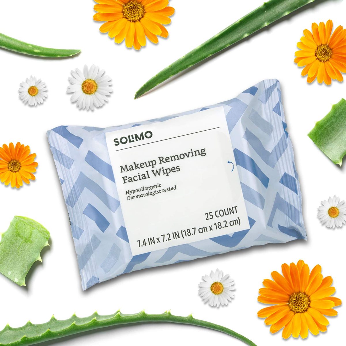 Amazon Brand - Solimo Makeup Removing Facial Wipes, Dermatologist Tested, Hypoallergenic, 25 Count