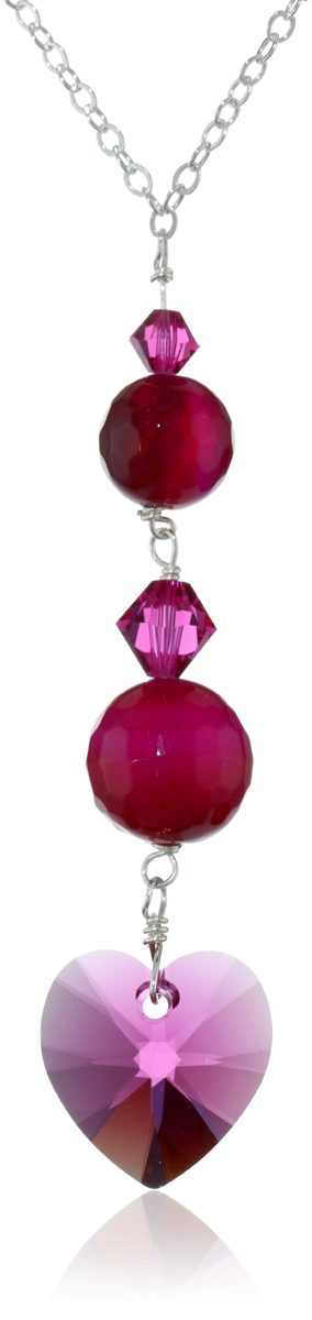 Faceted Fuchsia Agate Bead and Swarovski Elements Crystal Heart and Bicone"Y" Necklace, 18"
