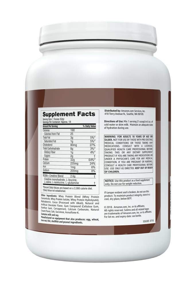 Amazon Brand - Solimo Whey Protein Powder with Creatine, Chocolate, 2 Pound (18 Servings)