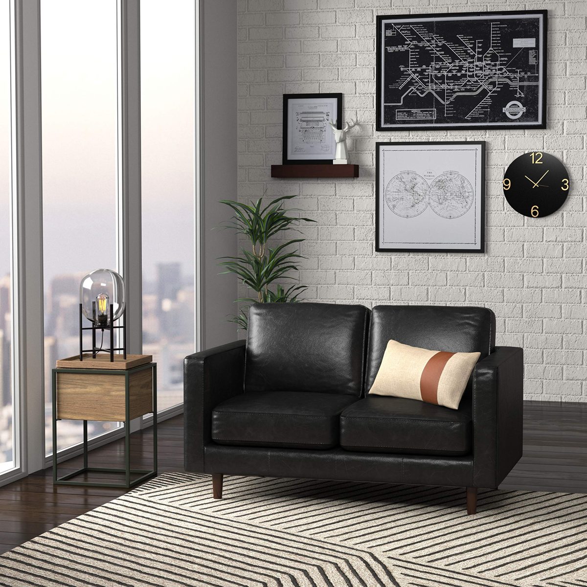 Amazon Brand – Rivet Revolve Modern Leather Loveseat Sofa, 56"W, Black