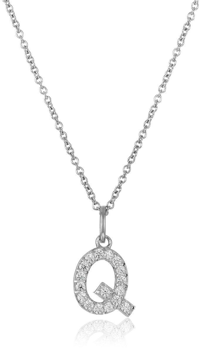 Platinum Plated Sterling Silver "Q" Initial Pendant Necklace set with Swarovski Zirconia (.34 cttw)