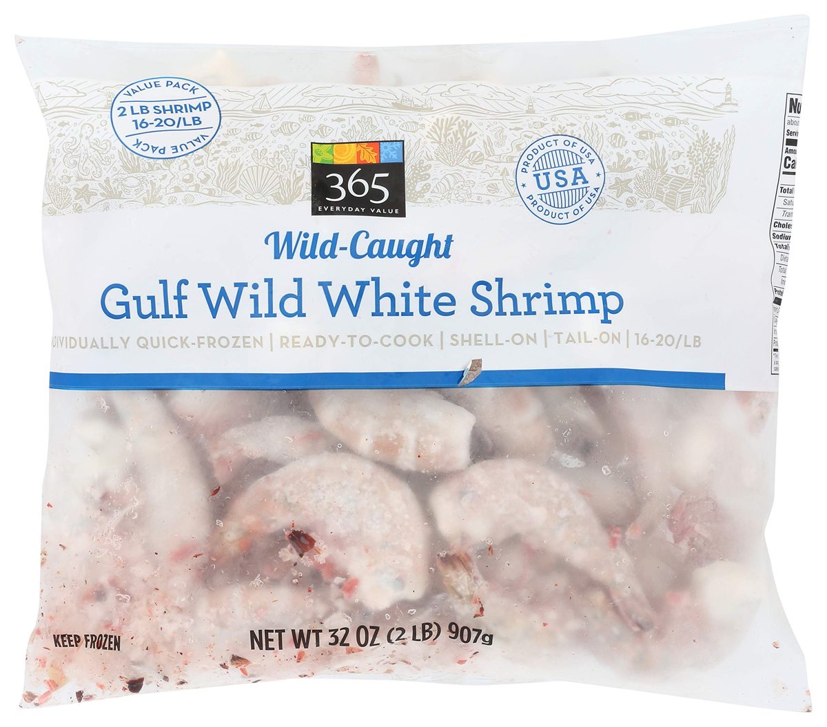 365 Everyday Value, Wild-Caught Seafood Value Pack, Gulf Wild White Shrimp, Shell-On & Tail-On (16-20/lb), 32 Ounce (Frozen)