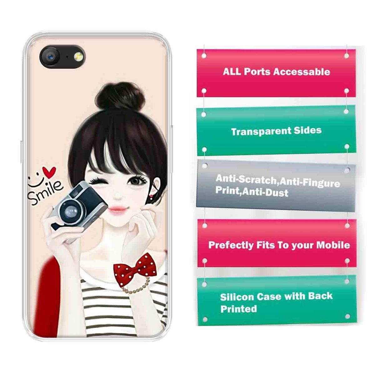 Amazon Brand - Solimo Designer Multicolor Girl Smile Design Printed Soft Back Case Mobile Cover for Oppo A57