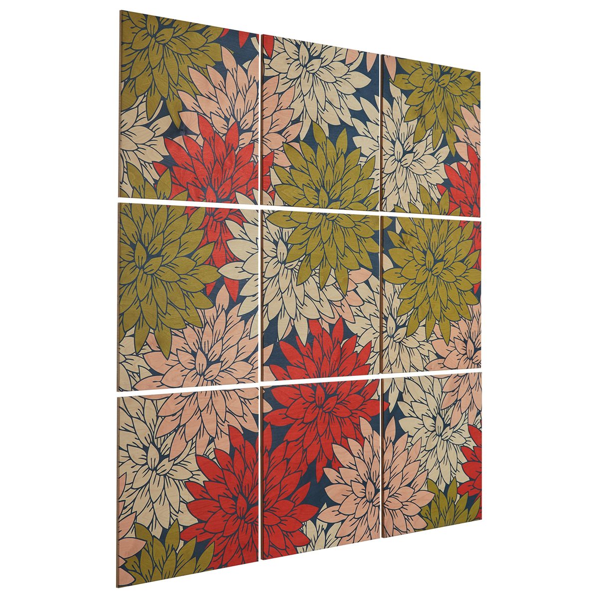 9-Piece Floral Red and Green Art Print Mural on Wood