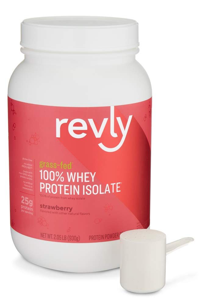 Amazon Brand - Revly 100% Grass-Fed Whey Protein Isolate Powder, Strawberry, 2.05 lbs, 30 Servings, No added rbgh/rbst‡, no artificial colors or flavors