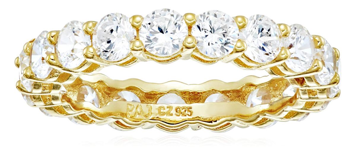 Amazon Essentials Platinum Plated Sterling Silver Round Cut Cubic Zirconia All-Around Band Ring (3.5mm), Size 7