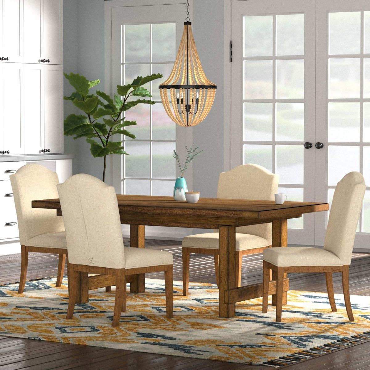 Amazon Brand – Stone & Beam Modern Farmhouse Wood Bead Chandelier Ceiling Fixture With 4 LED Light Bulbs - 24 x 24 x 45.5 Inches, Natural