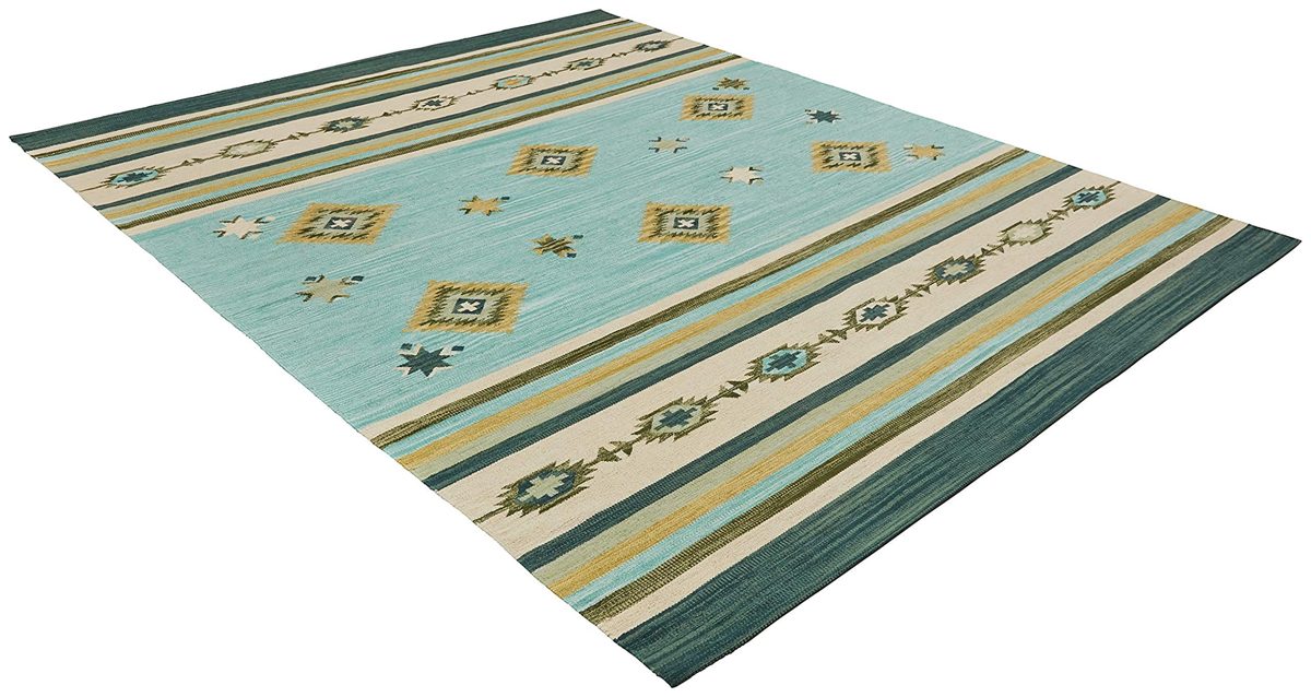 Amazon Brand – Stone & Beam Casual Geometric Cotton Area Rug, 8 x 10 Foot, Flatweave, Blue, Grey, Ivory
