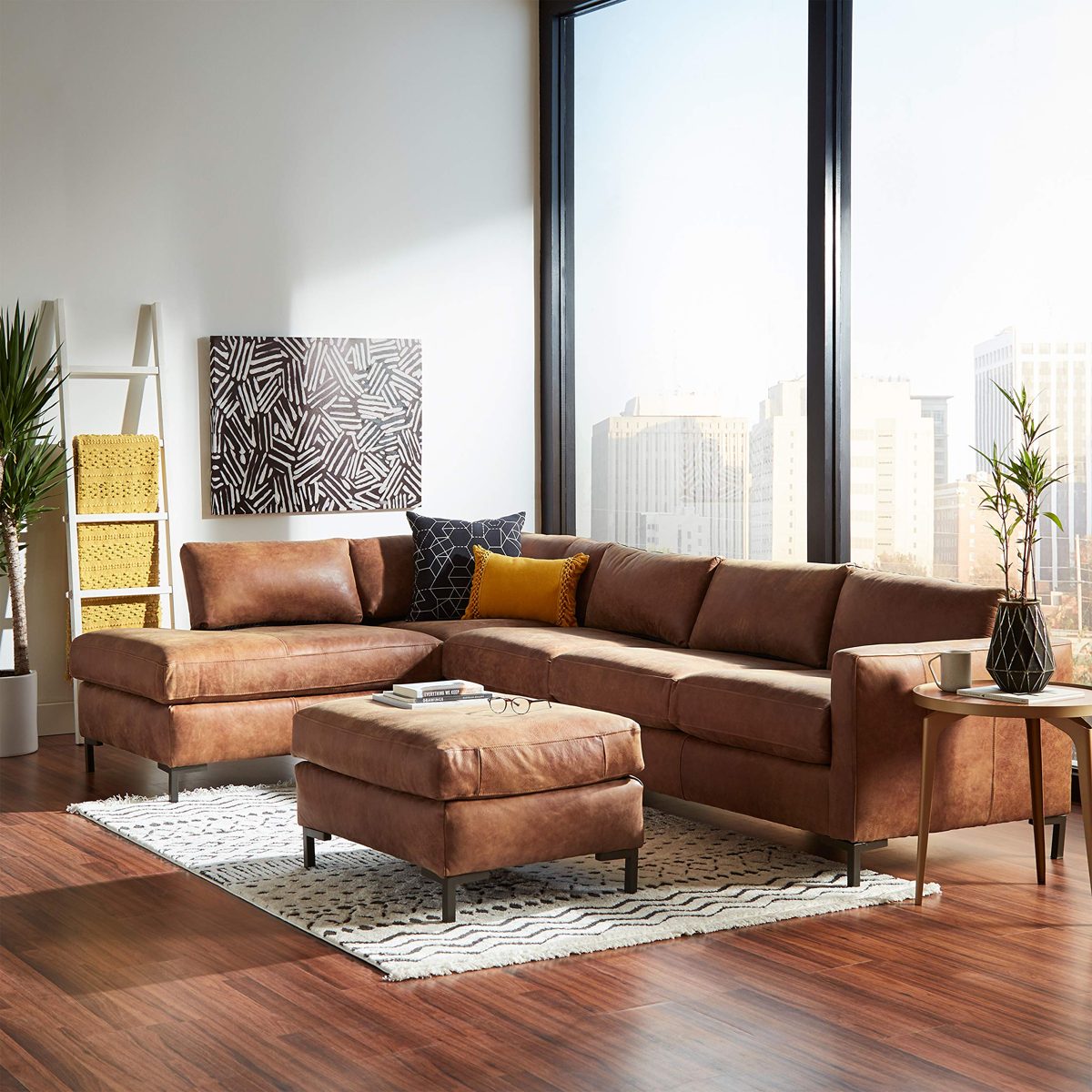 Amazon Brand – Rivet Edgewest Modern Ottoman, Leather, 32"W, Saddle