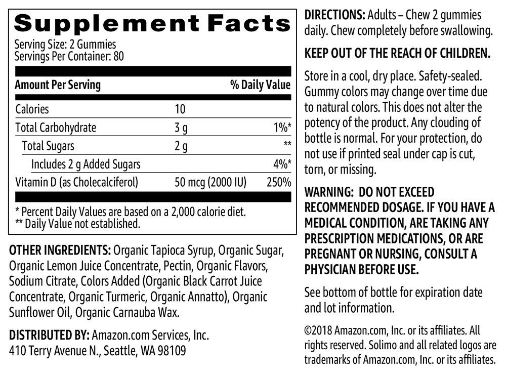 Amazon Brand - Solimo Vitamin D3 2000 IU, 160 Gummies (2 Gummies per Serving)