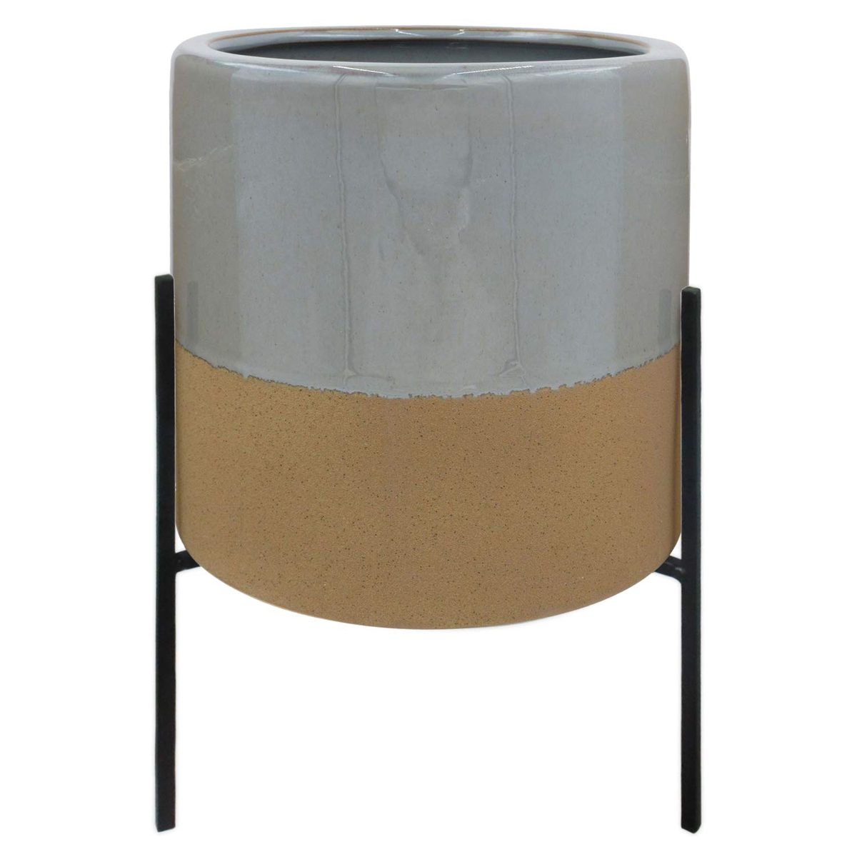 Rivet Mid-Century Ceramic Planter with Iron Stand, 14" High, Grey and Tan
