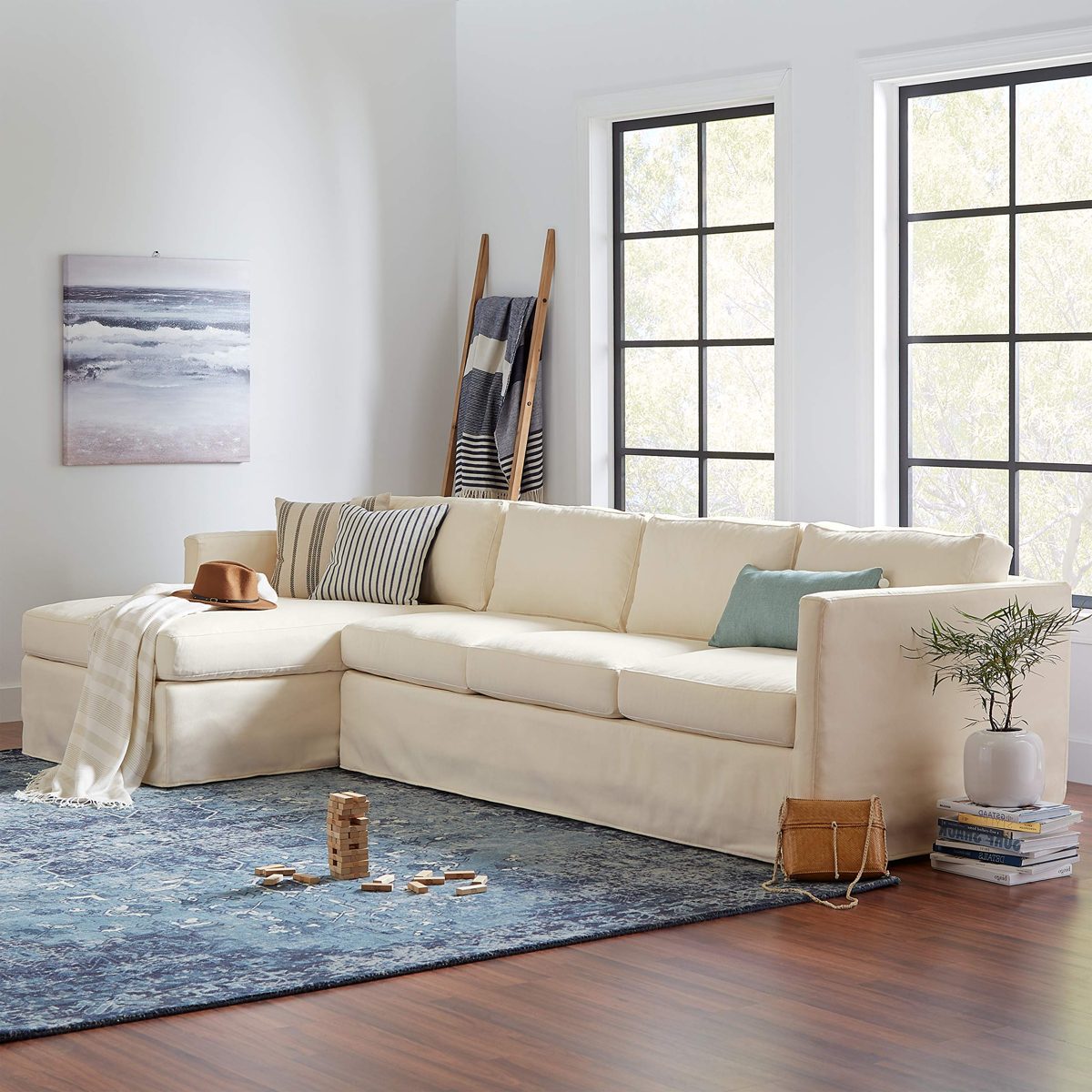 Amazon Brand – Stone & Beam Andover Slipcover Left-Facing Sofa-Chaise Sectional, 126"W, Cream Fabric