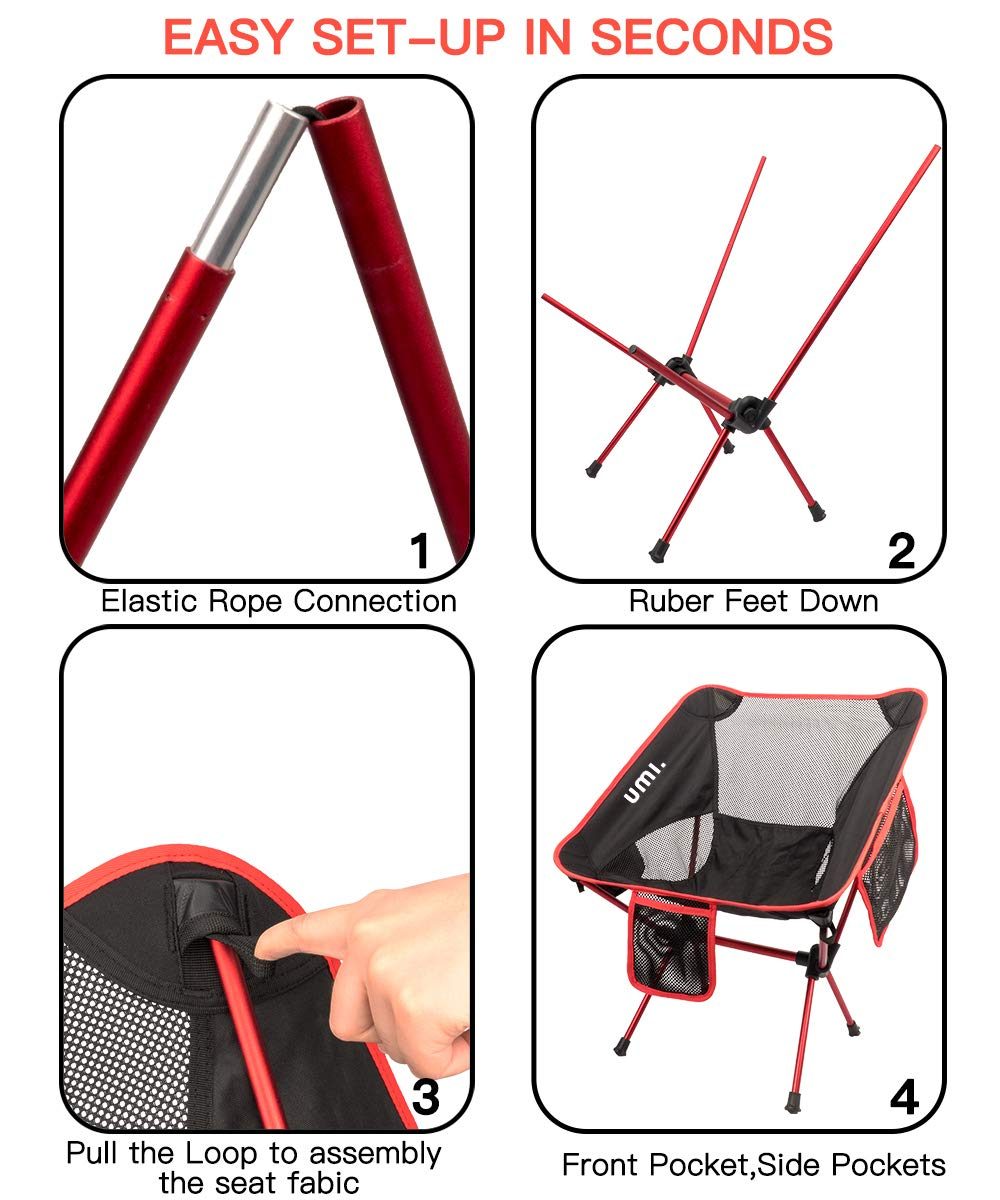UMI. Essentials Portable Camping Chair Compact Ultralight Folding Chair with Carry Bag for Hiking, Beach,Fishing,Outdoor Heavy Duty 265 lb Capacity Red