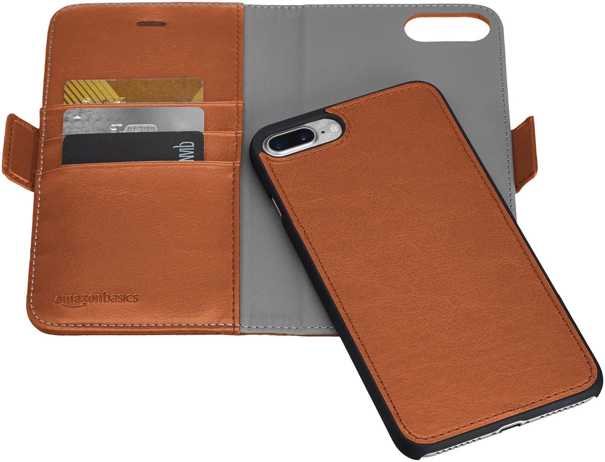 AmazonBasics iPhone 8 Plus / 7 Plus PU Leather Wallet Detachable Case, Brown (Renewed)