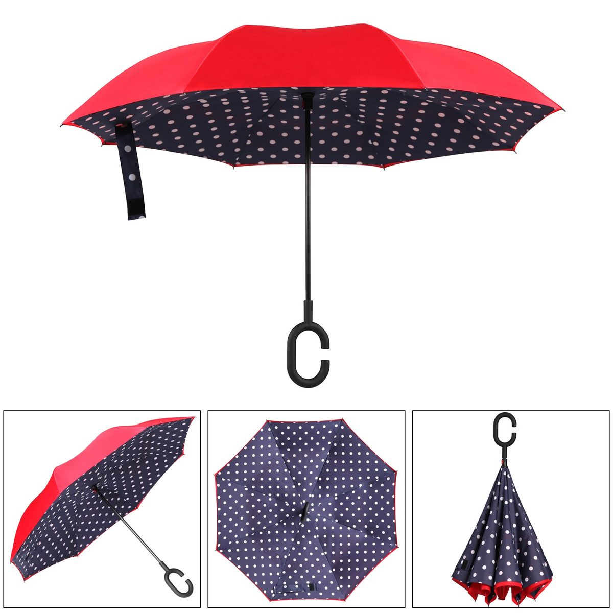 [Amazon Brand] Eono Double Layer Inverted Umbrella, Reverse Folding Umbrella, Self Standing Windproof UV Protection, Travel Umbrella, Car Rain and Outdoor, C-Shape Handles, Blue Dots