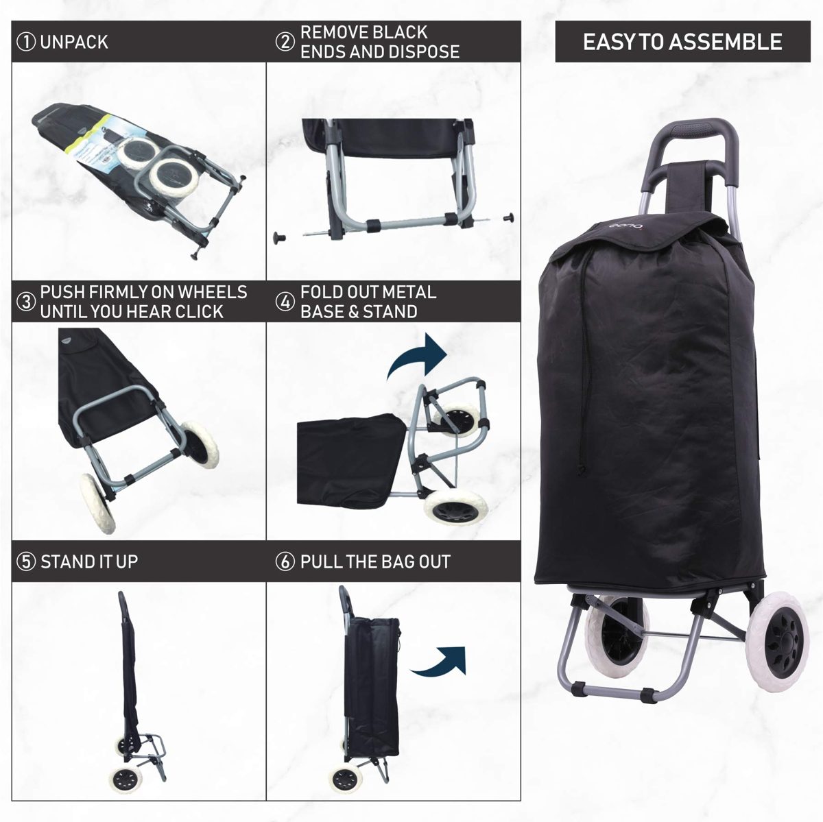EONO Essentials 47L Lightweight Foldable Shopping Trolley, Set of 2, Black