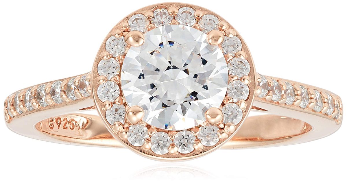 Rose Gold-Plated Sterling Silver Swarovski Zirconia Round-Cut Halo Ring (1.95 cttw), Size 6