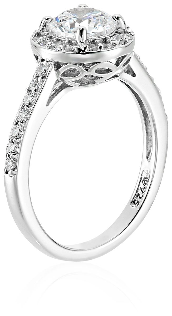 Platinum-Plated Sterling Silver Round-Cut Halo Ring made with Swarovski Zirconia, Size 5