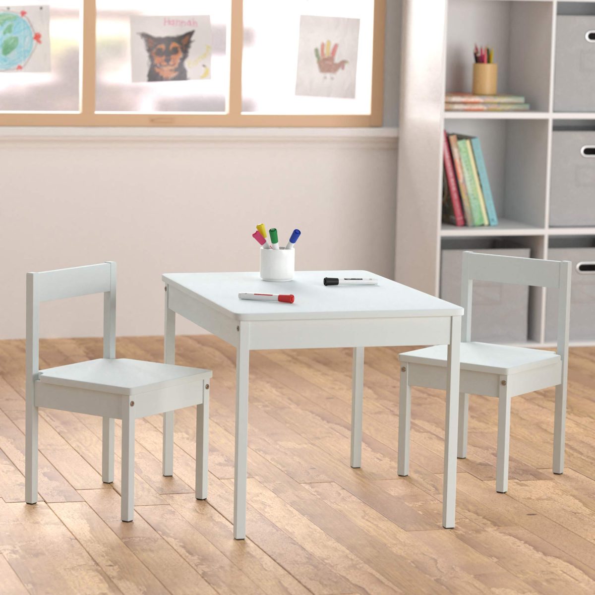 AmazonBasics Solid Wood Kiddie Table Set with Two Chairs, White